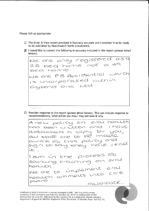 Recommendations response to the Holly House- oral health, promotion and access to dental services for residents report