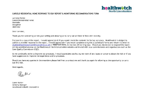 Carseld Residential Home response to the Enter and View report
