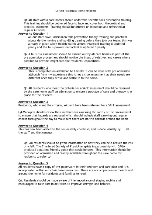 Carseld Residential home response to the Enter and View report