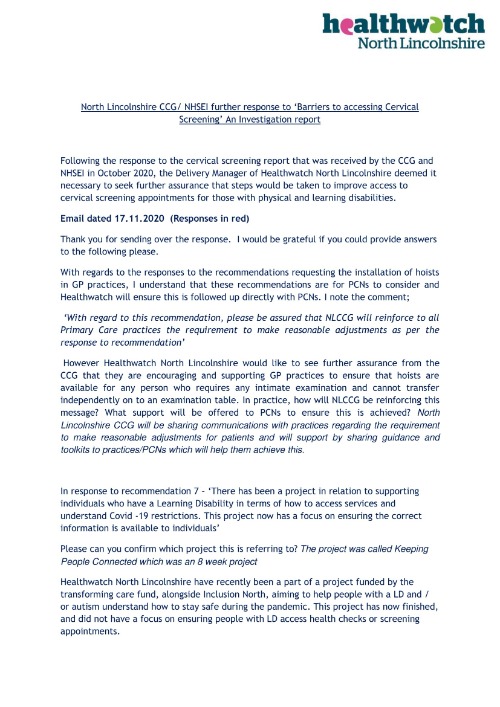 Further response to 'Barriers to accessing cervical screening' - an investigate report