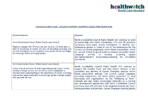Response from North Lincolnshire Council Public Health Team- 'Barriers to accessing cervical screening- an investigative report'